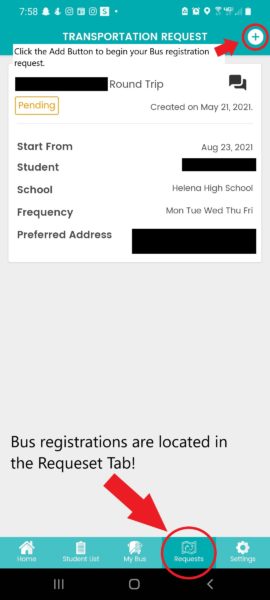 A Screenshot of the request tab in the Parent Portal App. Please select the add button in the top right corn to begin your transportation request. 