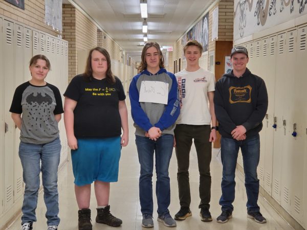 Group photo of five 2022 Capital High Science Bowl Team standing in school hallway
