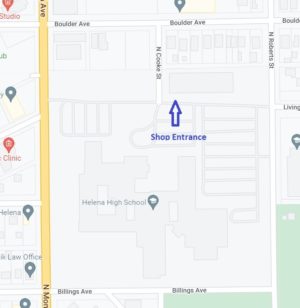 Map showing location of Helena High School shop entrance.