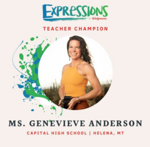 Photo of Capital High School Teacher Genevieve Anderson holding camera and text: Expressions by Walgreens Teacher Champion