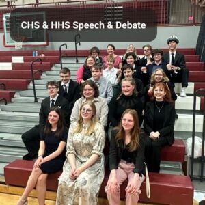 Photos of CHS and HHS speech and debate competitors sitting on bleachers.